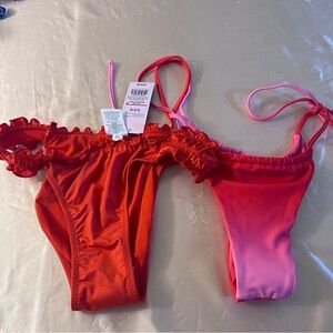 Lot of 2 NWT Bikini Bottoms Sz Small Red Ruffle & Ruched Back Red/Pink Side-Tie